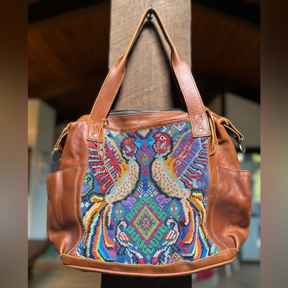 Handcrafted Brown Leather Shoulder Bag with Colorful Embroidered Panel